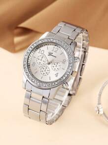 1入組女孩水鑽裝飾銀合金帶魅力四射圓形錶盤石英表和1入組手環適用於禮品