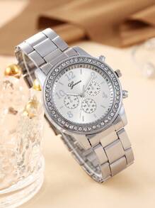 1入組女孩水鑽裝飾銀合金帶魅力四射圓形錶盤石英表和1入組手環適用於禮品