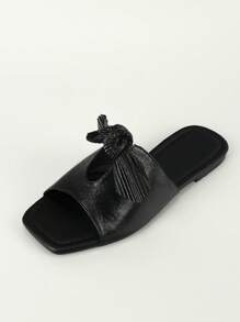 Women Minimalist Bow Decor Slide Sandals, Fashion Summer Flat Sandals - Black - View 3