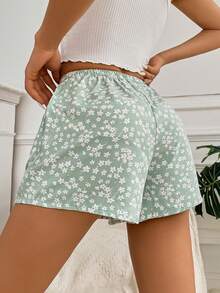 Ditsy Floral Print Bow Front Sleep Shorts - Mint Green - View 2