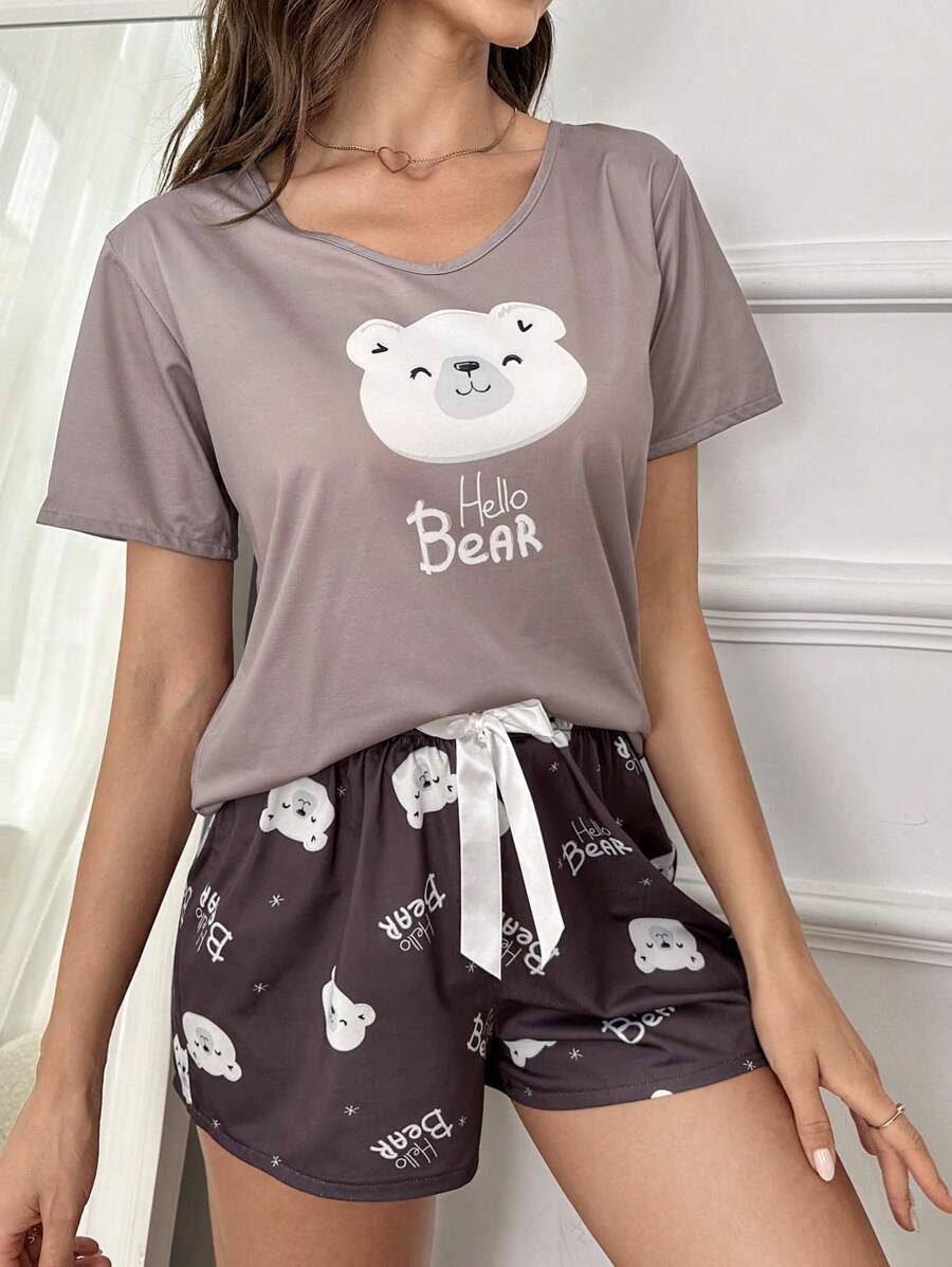 Bộ đồ ngủ Nữ Thắt nút Hoạt hình Lá thư - màu nâu - Xem 1