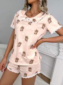 Bộ PJ/Bộ Pyjama ren tương phản in hoa và gấu - Màu be - Xem 5