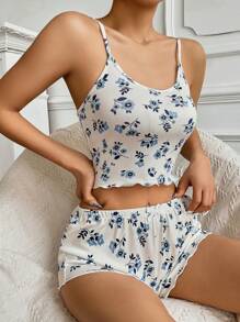 印花木耳邊睡衣套裝 - 白色 - 查看 3