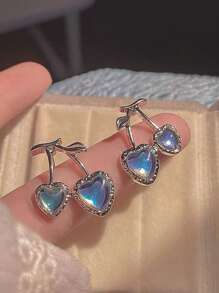 1 đôi Bông tai trái tim hợp kim ngọt ngào và mát mẻ & bông tai hình quả anh đào màu xanh cho phụ nữ mặc hàng ngày - Nhiều màu - Xem 2