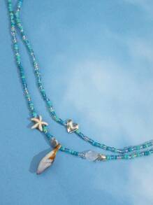 2 piezas/set Cuerda elastica playa estilo simple cuenta Love con cuenta caracola cintura - Turquesa - Ver 2