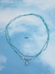 2 piezas/set Cuerda elastica playa estilo simple cuenta Love con cuenta caracola cintura - Turquesa - Ver 3