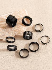 9入組鏤空扭結吊墜女士戒指套裝 - 黑色 - 查看 2