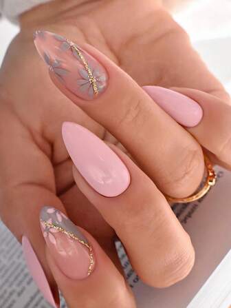 使用24入組長杏仁花朵圖案線條閃光全罩女式假指甲套裝升級您造型