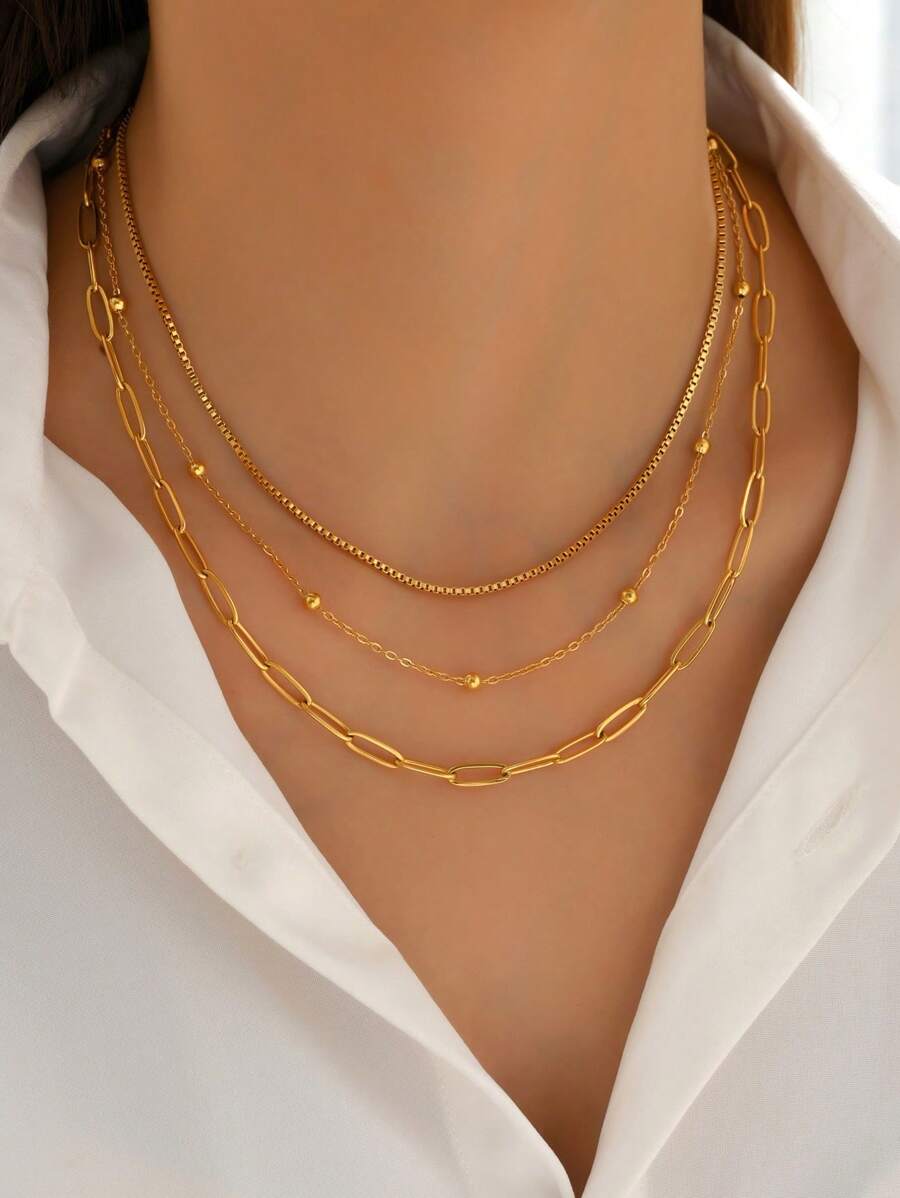 珠子裝飾多層次項鍊 - 金黃色 - 查看 1