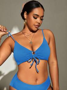 SHEIN Swim Curve Parte superior de bikini con nudo delantero de punto acanalado en talla grande, para playa y vacaciones de verano - Azul - Ver 5