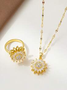 2入組/套可旋轉銅和方晶鋯石向日葵吊墜項鍊和戒指禮品套裝 - 金黃色 - 查看 1