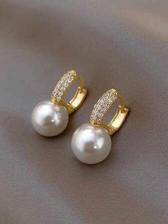 Rhinestone & Faux Pearl Decor Hoop Earrings