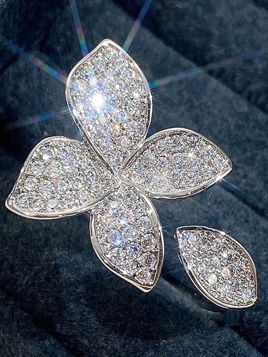 1pc Fancy Copper Rhinestone Flower Decor Ring For Women For Daily Decoration Valentines - Silver - View 1