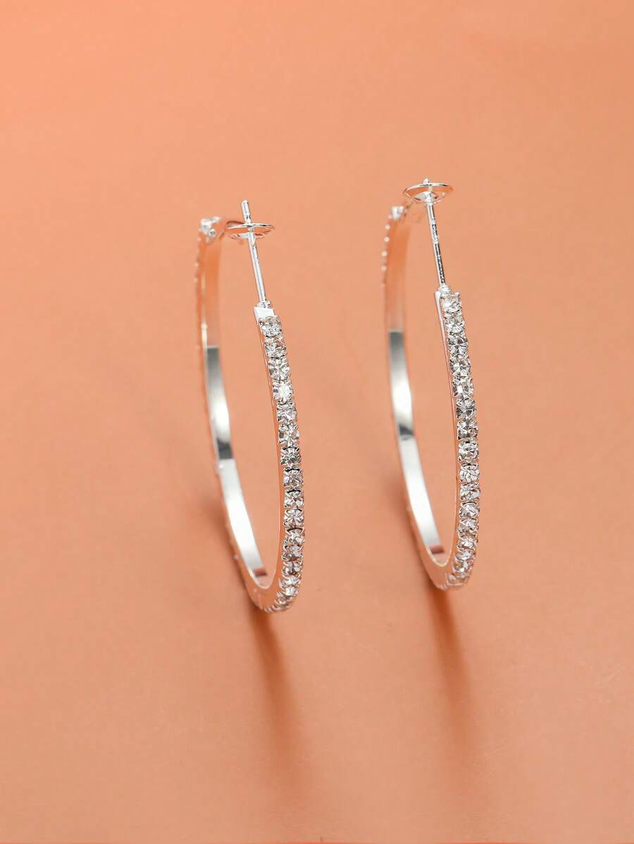 1pair Classic Fashionable Circle & Rhinestone Detail Round Hoop Earrings For Women's Casual, Holiday, Party and Night Out