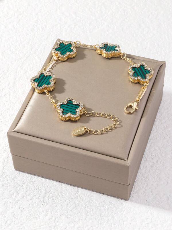 1 سوار حلقي مزين بالراين ستون بشكل حلقة البرسيم ذات الأوراق الخمسة، بلون أخضر أنيق (بدون صندوق تعبئة)، هدية ليوم الأم، عيد الأم، عيد الحب