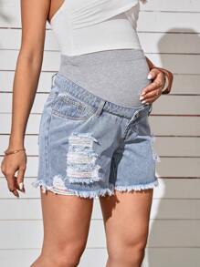SHEIN Maternity Adjustable Elastic Waist Ripped Raw Hem Denim Shorts - Medium Wash - View 4