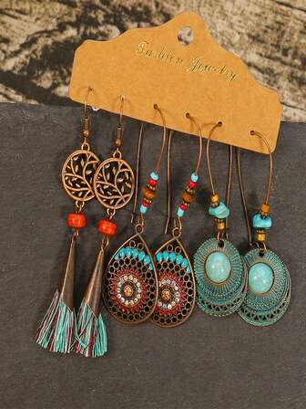 3對/套波西米亞風格復古綠松石吊式耳環設計個性吊墜耳環套裝
