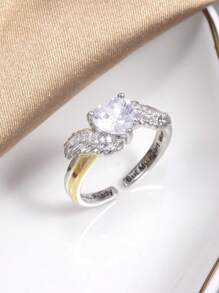 1入組魅力四射翅膀和方晶鋯石裝飾開口戒指適合女士日常裝飾 - 銀色 - 查看 1