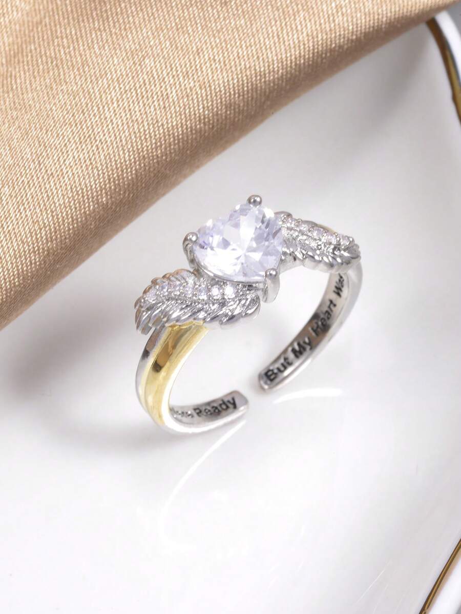 1入組魅力四射翅膀和方晶鋯石裝飾開口戒指適合女士日常裝飾 - 銀色 - 查看 1