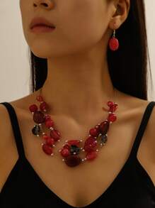 3pcs/set Red Turquoise Bead Decor Multi-Layer Fashionable Exaggerated Jewelry Set - Multicolor - View 2