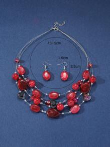 3pcs/set Red Turquoise Bead Decor Multi-Layer Fashionable Exaggerated Jewelry Set - Multicolor - View 3