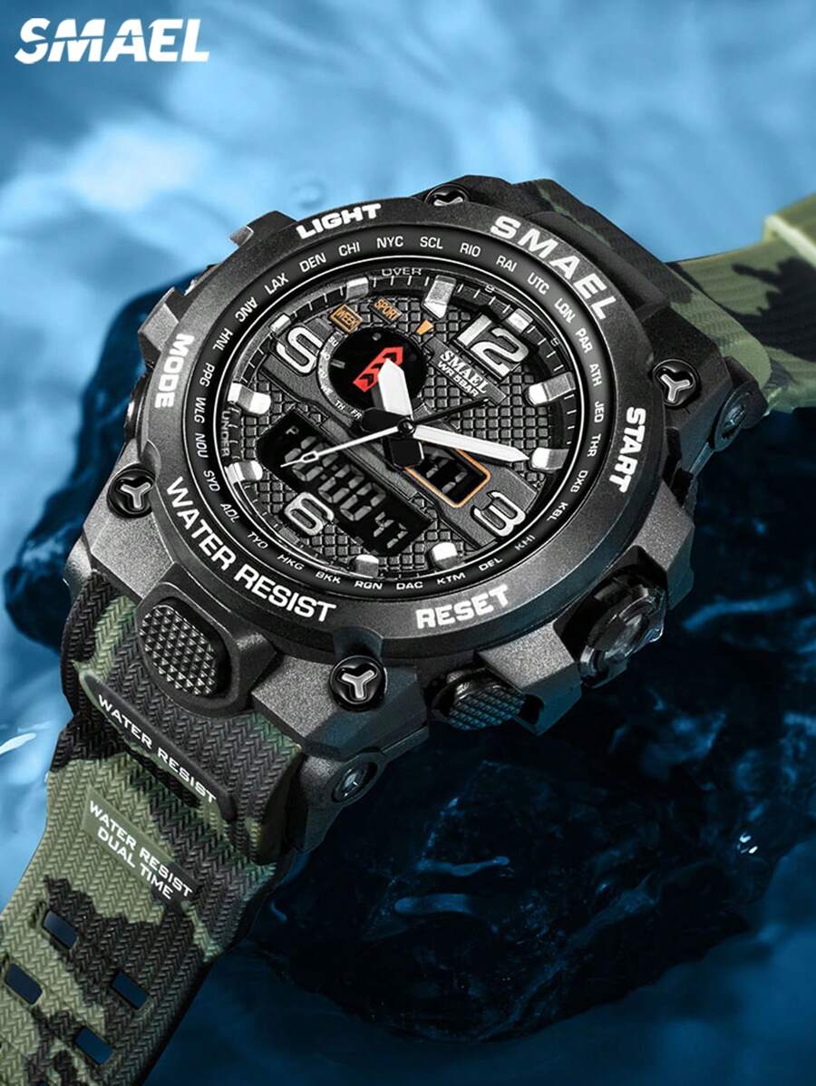 SMAEL 1入組男士綠色迷彩圖案樹脂錶帶運動型日期鬧鐘防水圓形錶盤數字手錶適合日常生活 - 軍綠色 - 查看 1