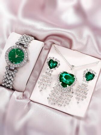 1 pieza Mujer plata aleación de zinc con tira lujo con diseño de diamante de imitación redondo Reloj cuarzo de esfera & 3 piezas Bisutería para vida diaria