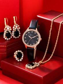 1 Miếng Đen PU Polyurethane Dây đeo Đúng mốt Đồ trang trí Rhinestone Tròn Quay số đồng hồ Quartz & 4pcs Bộ trang sức , Đối với Cuộc sống hàng ngày - màu đen - Xem 1