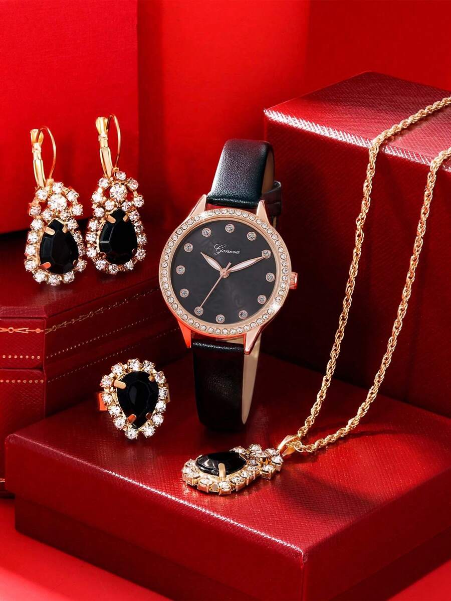 1 Miếng Đen PU Polyurethane Dây đeo Đúng mốt Đồ trang trí Rhinestone Tròn Quay số đồng hồ Quartz & 4pcs Bộ trang sức , Đối với Cuộc sống hàng ngày - màu đen - Xem 1