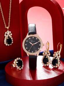 1 Miếng Đen PU Polyurethane Dây đeo Đúng mốt Đồ trang trí Rhinestone Tròn Quay số đồng hồ Quartz & 4pcs Bộ trang sức , Đối với Cuộc sống hàng ngày - màu đen - Xem 2