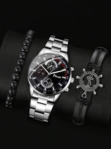 HIKUN 1入組男士銀色不銹鋼錶帶時尚圓形錶盤石英手錶和2入組手鍊，適合日常生活 - 銀色 - 查看 3