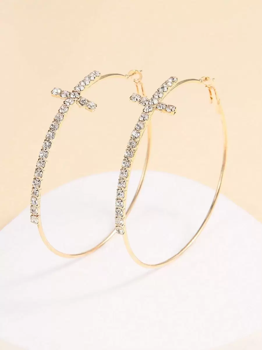 1pair Glamorous Rhinestone Cross Decor Hoop Earrings For Women For Daily Decoration - Yellow Gold - View 1