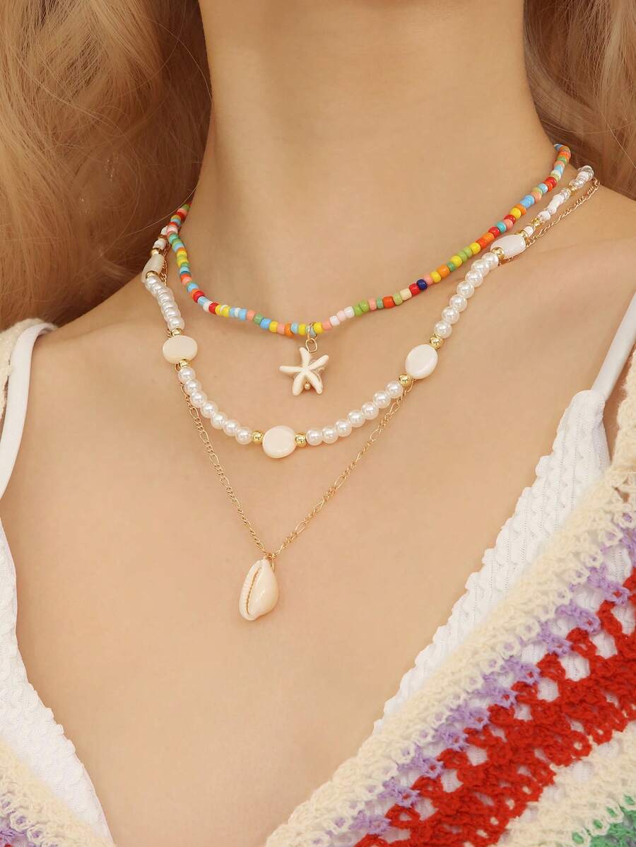 3入組自然貝殼&人造珍珠&珠子海灘風格項鍊套裝 - 彩色 - 查看 1