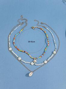 3入組自然貝殼&人造珍珠&珠子海灘風格項鍊套裝 - 彩色 - 查看 3