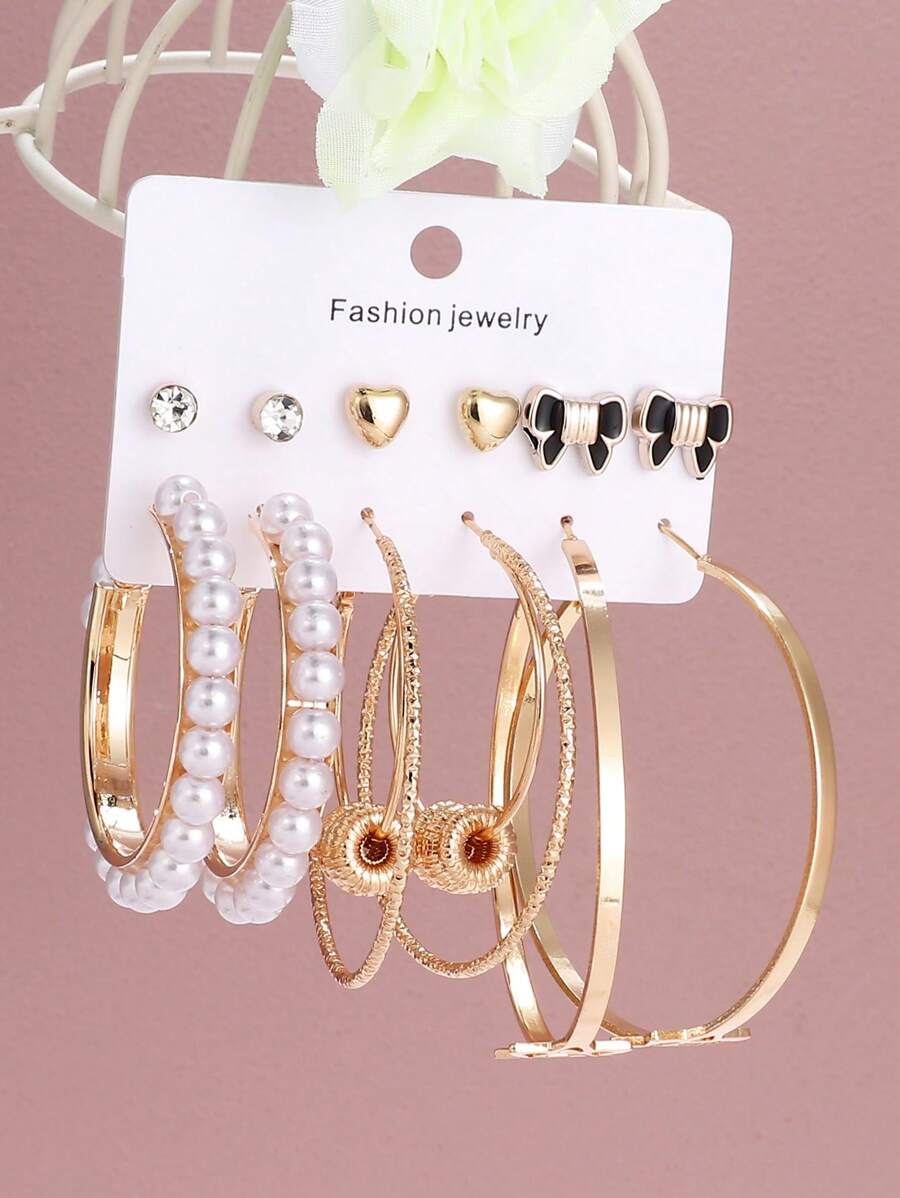6pairs/set European and Americana Minimalist High-End Earring Set and Hoop Set For Women, Versatile and Elegant - Multicolor - View 1