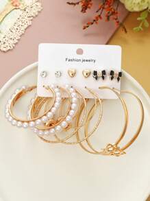 6pairs/set European and Americana Minimalist High-End Earring Set and Hoop Set For Women, Versatile and Elegant - Multicolor - View 2