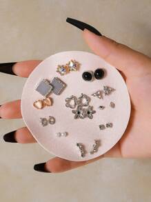 12對/套時尚水鑽和花朵裝飾耳釘適合女士日常裝飾 - 彩色 - 查看 1