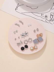 12對/套時尚水鑽和花朵裝飾耳釘適合女士日常裝飾 - 彩色 - 查看 2