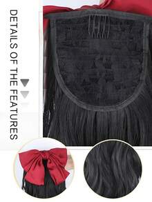 抽繩馬尾假髮女長捲髮蝴蝶結假髮馬尾長髮紮帶式長捲髮高馬尾自然超輕辮子（22英寸，棕色/酒紅色蝴蝶結） - 棕色 - 查看 4