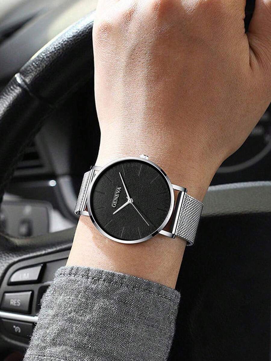 1入組男士銀色不銹鋼錶帶商務圓形錶盤石英手錶適合日常生活 - 銀色 - 查看 1