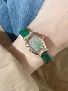 1入組女士綠色PU聚氨酯錶帶時尚水鑽裝飾幾何錶盤石英手錶，適合日常生活 - 綠色 - 查看 1