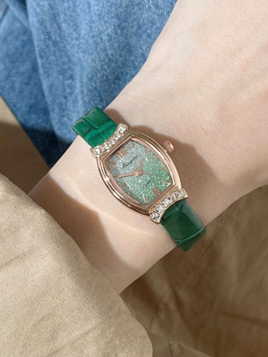 1入組女士綠色PU聚氨酯錶帶時尚水鑽裝飾幾何錶盤石英手錶，適合日常生活 - 綠色 - 查看 1