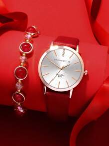 1 Nữ Dây Đeo Polyurethane PU Màu Đỏ Thời Trang Đá Trang Trí Mặt Tròn Đồng Hồ Thạch Anh & 1 Vòng Tay, cho Cuộc Sống Hàng Ngày - Đỏ - Xem 1