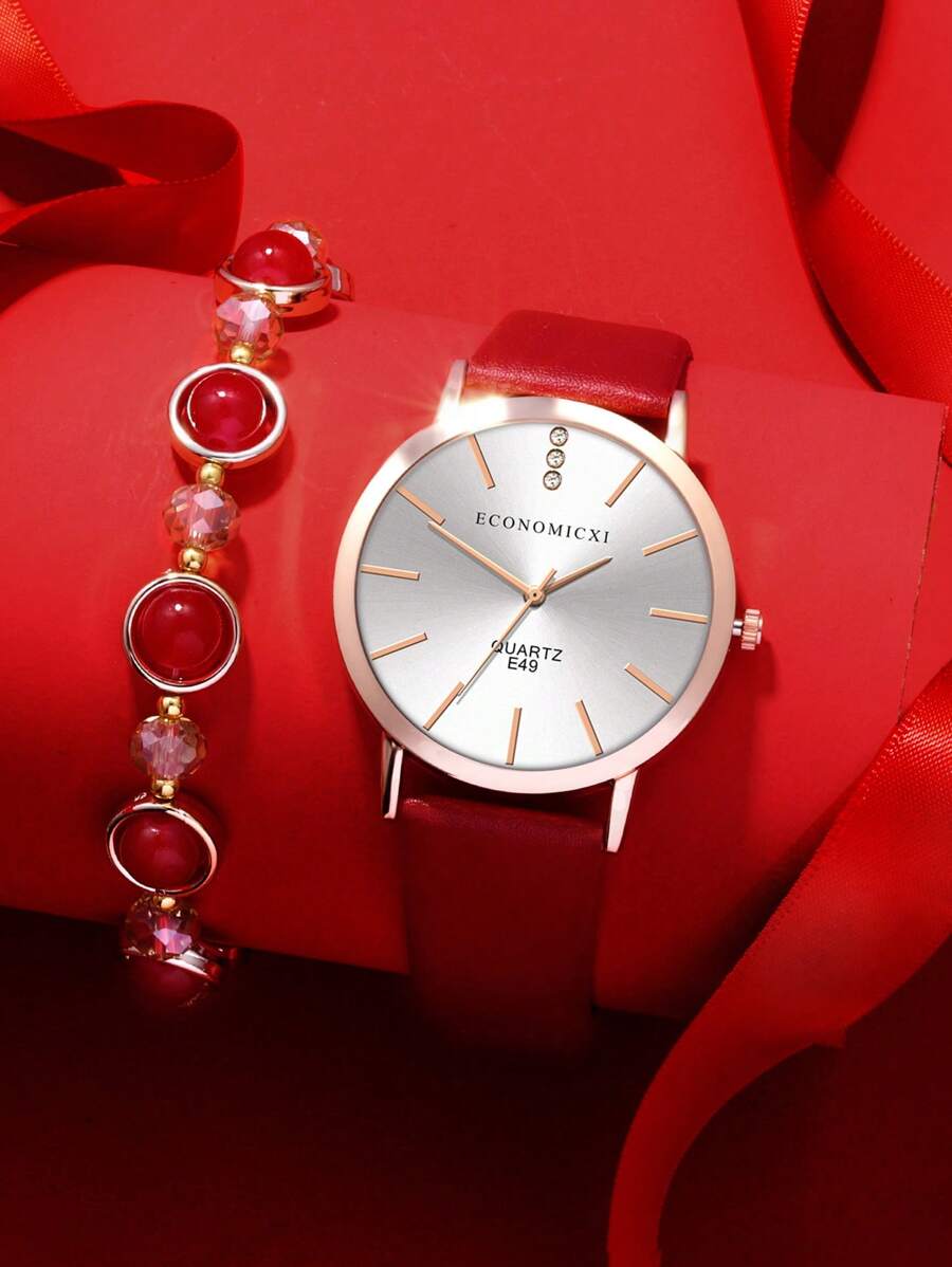 1 Nữ Dây Đeo Polyurethane PU Màu Đỏ Thời Trang Đá Trang Trí Mặt Tròn Đồng Hồ Thạch Anh & 1 Vòng Tay, cho Cuộc Sống Hàng Ngày - Đỏ - Xem 1