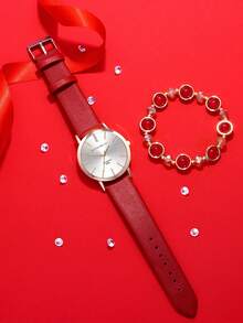1 Nữ Dây Đeo Polyurethane PU Màu Đỏ Thời Trang Đá Trang Trí Mặt Tròn Đồng Hồ Thạch Anh & 1 Vòng Tay, cho Cuộc Sống Hàng Ngày - Đỏ - Xem 3