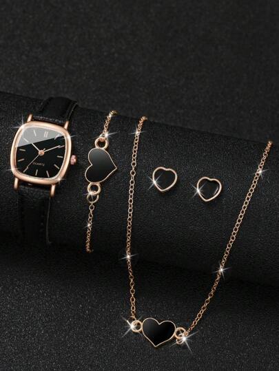 1 件黑色 PU 聚氨酯表带时尚方形表盘石英表和 4 件心形装饰首饰套装，适合日常生活，可作为返校学生的礼物