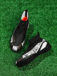 Men Letter Graphic Lace Up Front Soccer Shoes, Sporty Outdoor Sneakers - Black - View 1