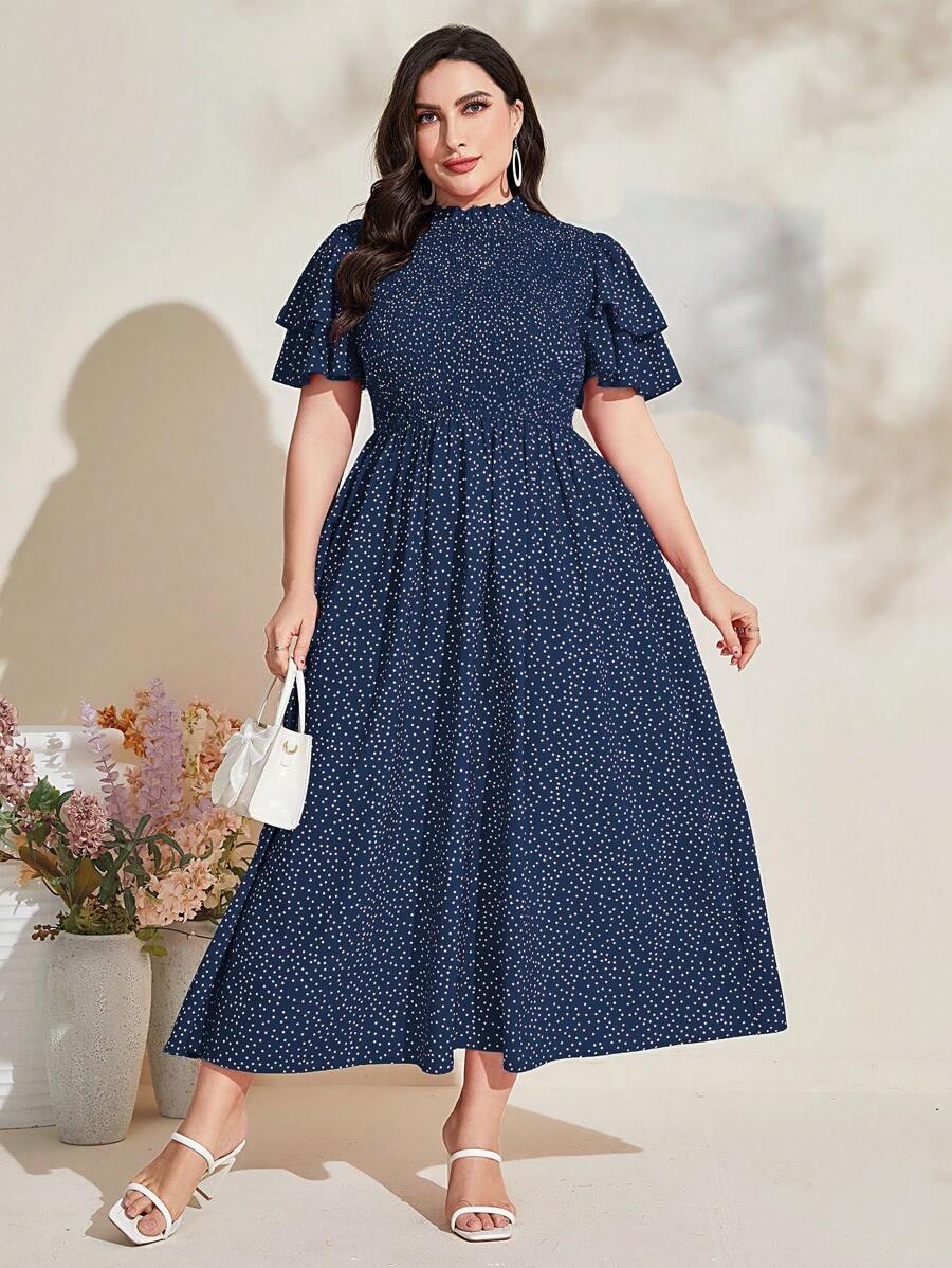 Mulvari Plus Polka Dot Print Ruffle Trim Dress - Navy Blue - View 1