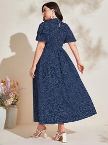 Mulvari Plus Polka Dot Print Ruffle Trim Dress - Navy Blue - View 2