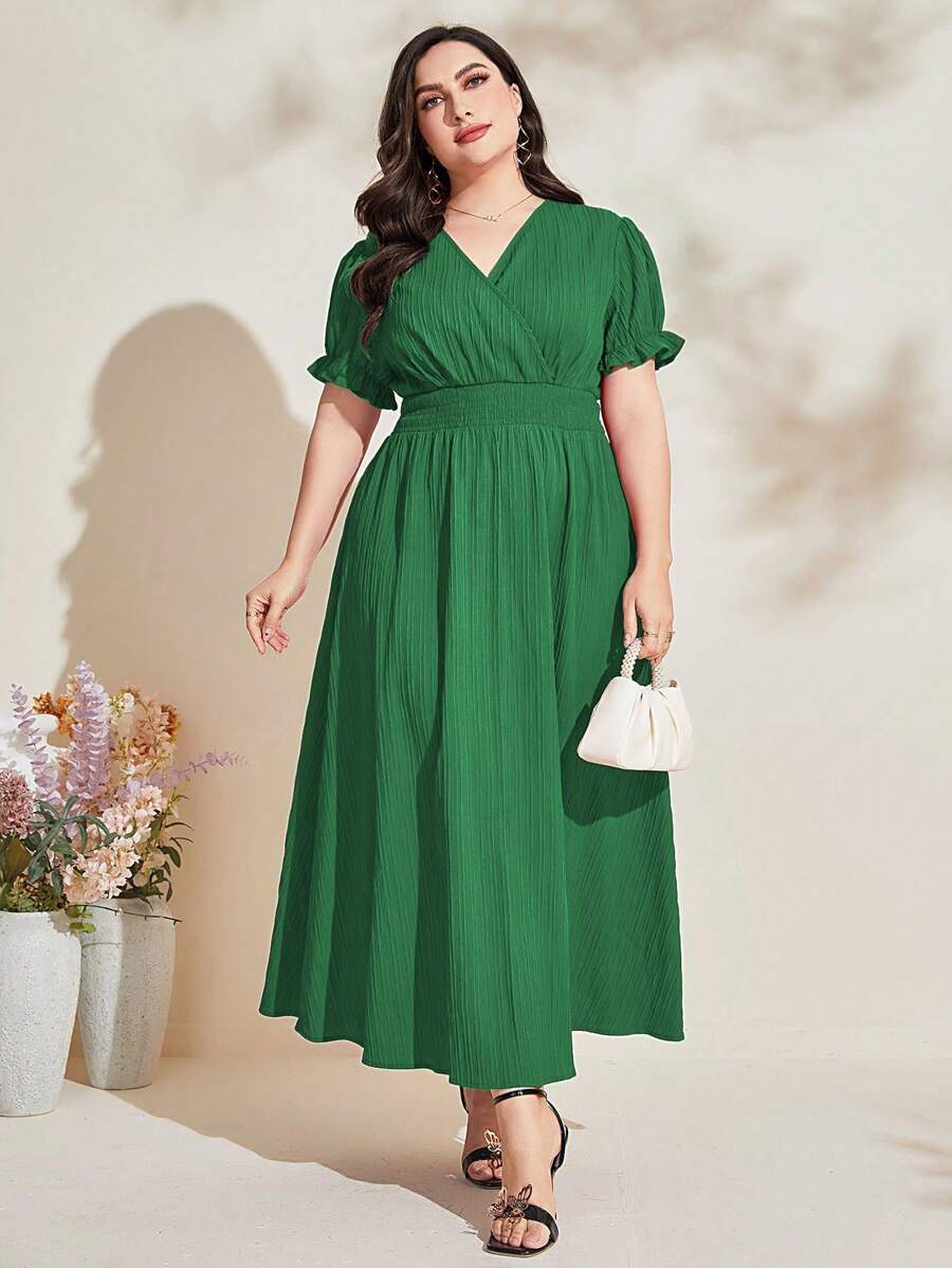 Modelyn Đầm Plus Size Trọn gói Dải chun màu trơn Giải trí - màu xanh lá - Xem 1